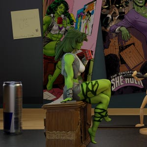 May include: Digital artwork depicting She-Hulk, a green-skinned character, seated on a wooden desk, holding a red mug. A poster of She-Hulk is in the background, along with a can of Red Bull. A sticky note reads "Support US".