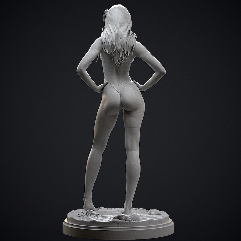 May include: A grayscale sculpture of a person in a bikini, standing with hands on hips. The figure has long hair and is posed on a circular base with seashell details. The overall aesthetic is artistic and detailed.