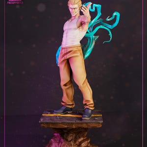 May include: A figurine of a male character in a white tank top and tan pants, with blue energy effects. The figure stands on a rocky base with a yellow line. The words "HIGH-QUALITY" and "PRESUPPORTED" are visible.