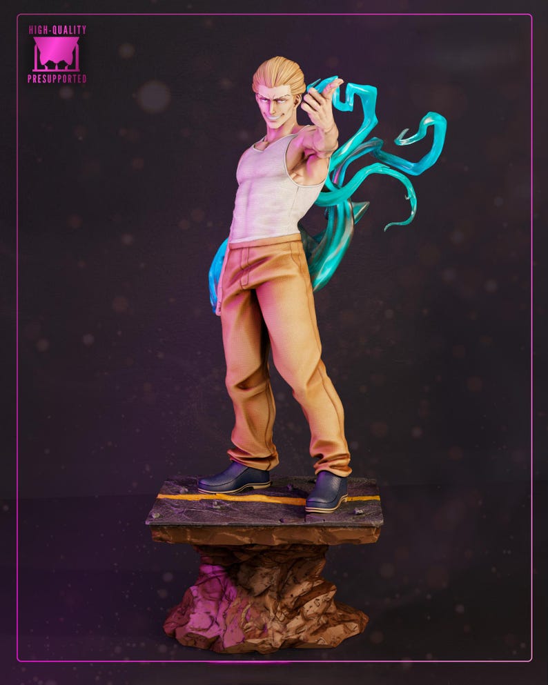 May include: A figurine of a male character in a white tank top and tan pants, with blue energy effects. The figure stands on a rocky base with a yellow line. The words "HIGH-QUALITY" and "PRESUPPORTED" are visible.