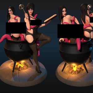 May include: A series of fantasy figurines featuring a woman in a black outfit, stockings, and high heels, posed with a cauldron and pink tentacles. The cauldron sits atop a base with a fire effect.