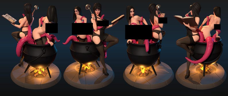 May include: A series of fantasy figurines featuring a woman in a black outfit, stockings, and high heels, posed with a cauldron and pink tentacles. The cauldron sits atop a base with a fire effect.