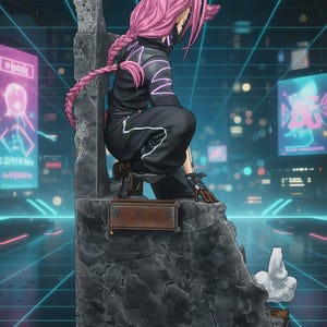 May include: A collectible figurine featuring a character with long pink hair in a braid, wearing a black outfit with neon pink accents, crouching on a weathered gray stone structure with a rectangular metal plaque and a small white cloud detail.