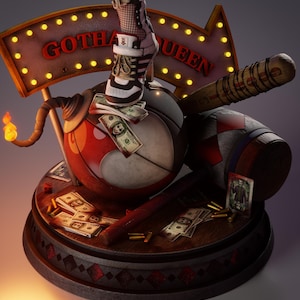 May include: A detailed statue featuring a bomb with a lit fuse, a baseball bat, and a sign that reads "Gotham Queen". The statue includes a pair of high-heeled sneakers, money, and a playing card.