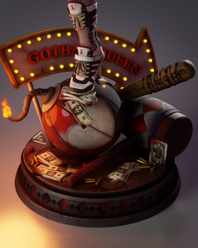 May include: A detailed statue featuring a bomb with a lit fuse, a baseball bat, and a sign that reads "Gotham Queen". The statue includes a pair of high-heeled sneakers, money, and a playing card.