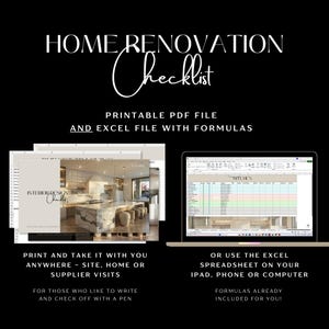以下が含まれることがあります： 黒い背景に、白い文字で「HOME RENOVATION Checklist」と書かれています。その下に「PRINTABLE PDF FILE AND EXCEL FILE WITH FORMULAS」と書かれています。画像には、スプレッドシートと、インテリアデザインのチェックリストが印刷されたノートパソコンが表示されています。
