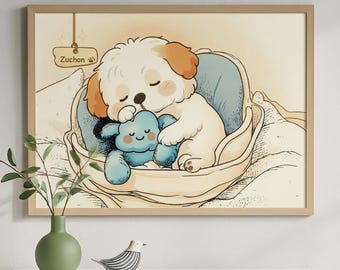 Baby Zuchon Printable Wall Art | Sleeping Teddy Puppy | Ghibli-Inspired Cozy Dog Illustration | Digital Download