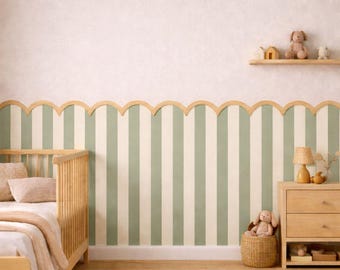 Carta da parati adesiva smerlata, pannello murale rimovibile per cameretta dei bambini, colore verde salvia, decorazione in legno