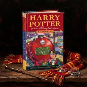 ハリー・ポッター初版アートプリント、賢者の石の静物油絵ポスター、魔法使いの杖の壁飾り、魔法の図書館ギフト