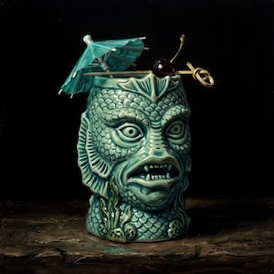 Taza tiki de la Criatura de la Laguna Negra, lámina artística pintada al óleo, decoración retro para cócteles.