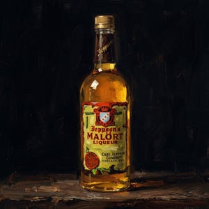 May include: An oil painting of a clear glass bottle filled with amber-coloured Jeppson's Malört liqueur. The label features a red crest, the text Jeppson's MALÖRT LIQUEUR, and CARL JEPPSON COMPANY CHICAGO, U.S.A. with a red wax seal graphic.