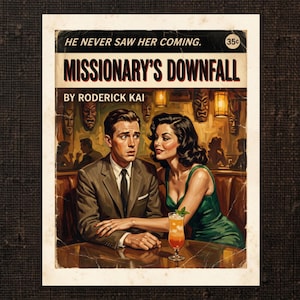 Missionary\'s Downfall Pulp Cover Art Print, Vintage Tiki Cocktail Poster, Mid Century Noir Illustration