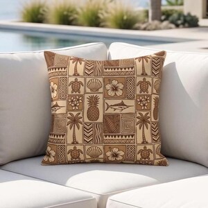Hawaiian Tapa Grid Sea Turtle Outdoor Pillow, Vintage Brown Island Patio Decor