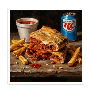 May include: A painting of a sliced meat-filled pastry stacked on itself, accompanied by golden-brown french fries, a white cup containing red sauce, and a blue aluminum can labeled Me and My RC Royal Crown Cola on a dark wooden surface.