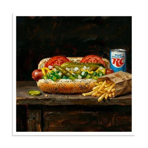May include: An oil painting of a hot dog on a poppy seed bun topped with tomato slices, pickles, onions, mustard, and relish, served with a paper bag of french fries and a can of Royal Crown Cola. A single pickle slice sits on the dark wooden surface.