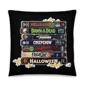Horror Movie VHS Stack Pillow, 80s Slasher Throw Cushion, Halloween Decor