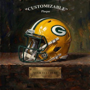 May include: A yellow football helmet with a green G logo and a green face mask, positioned above a rectangular metal plaque with the text "YOUR TEXT HERE". The image includes the text "CUSTOMIZABLE" and "Plaque" at the top.
