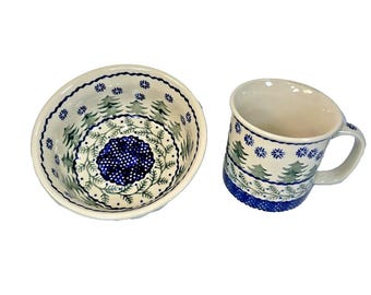 VTG Polish pottery Set  5.5" Bowl & Mug Pines  Snowflakes Ceramika z Bolesławca