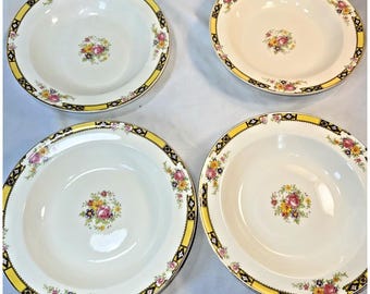 Cztery zabytkowe miski do zupy Edwin Knowles 8,25" Semi Vitreous 40-8 Yellow Floral Edge