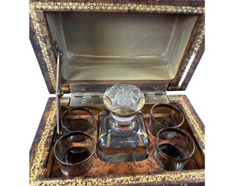 Antique French Faux Book Tantalus Set Hidden Liquor Decanter 4 Glasses Leather