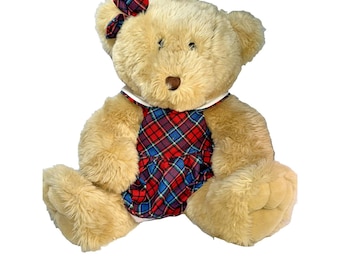 VTG JCPenney vakantieteddybeer: grote lichtbruin gekleurde volledige tartanjurk, 23 inch hoog