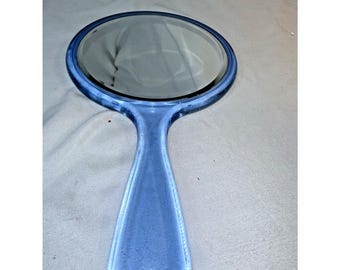 Vintage Clear Blue Lucite Hand Mirror Art Deco Style Vanity Accessories 2 sided