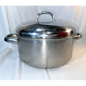 May include: A stainless steel cooking pot with a lid. The pot has two side handles and a loop handle on the lid. The pot and lid are silver in color and sit on a white surface.