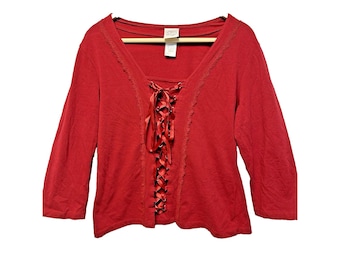 Fashion Big Red Knit Long Sleeve Top Large Corset Style Vintage 90s Y2K Goth