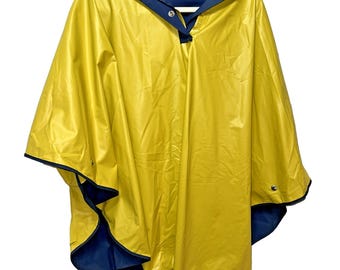 VintagePVC Rain Poncho Navy Yellow Waterproof Hood Reliable OSFA