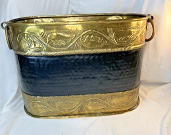 Brass And Black Embossed Oval Magazine / Trash / Firewood Holder -Made In India