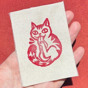 Licking Cat Linocut Sew-On mini canvas handmade patch