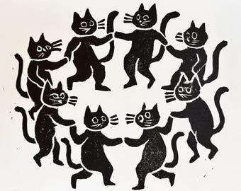 Dancing Cats, linocut block print, 5x7"