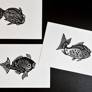Three Goldfish, linocut block prints, 4x6&quot;