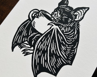 Bat Drinking Coffee Original linocut hand-carved block print, 5x7 whimiscal art