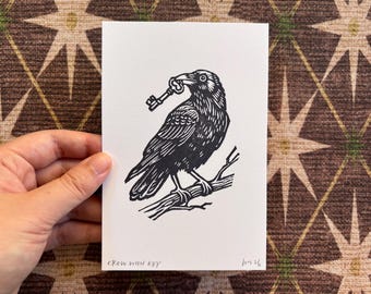 Crow with Key, linocut print 4x6 raven block print Original hand printed gothic art