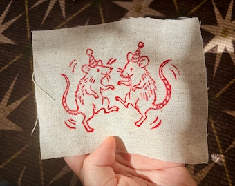 DANCING RATS linocut block print patch