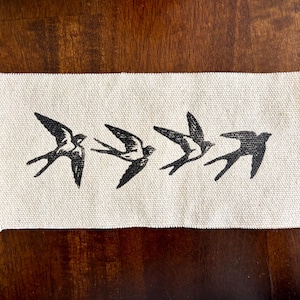 SWALLOWS bird linocut Sew-On patch, handmade block print canvas folk art gift