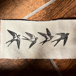 SWALLOWS bird linocut Sew-On patch, handmade block print canvas folk art gift