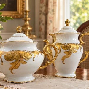 May include: A white porcelain teapot and a matching coffee pot, both featuring ornate gold-painted leaf motifs, curved gold handles, and gold-topped lids. The vessels have a glossy finish and sit on a table with a lace runner and white flowers.