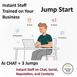 Peut inclure: Illustration d'une personne travaillant sur un ordinateur portable avec le texte "Instant Staff Trained on Your Business" et "Jump Start". Des icônes représentent AI Chat, Social, Réputation et Contacts. Le texte "AI CHAT + 3 Jumps" et "24-Hour Setup Next Day" est également inclus.
