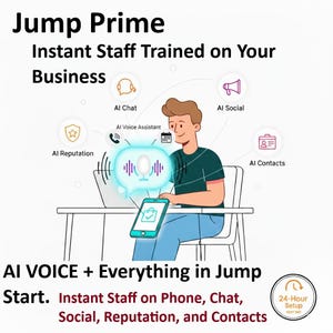 以下が含まれることがあります： Jump Primeを宣伝するイラスト。ラップトップとスマートフォンを使用している人がいます。画像には、AIチャット、AIソーシャル、AI連絡先、AI評判のアイコンが含まれています。「AI VOICE + Everything in Jump Start」と書かれています。