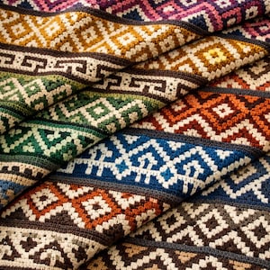 Może przedstawiać: Ręcznie robiony koc z szydełka z kolorowym geometrycznym wzorem. Koc ma rzędy rombów i innych kształtów w różnych kolorach, w tym niebieskim, brązowym, pomarańczowym, zielonym i fioletowym. Koc jest złożony, pokazując fakturę i szczegóły przędzy.