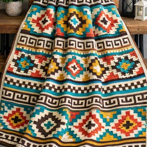 Peut inclure: Une couverture crochetée colorée avec un motif géométrique. La couverture présente un motif répétitif de losanges, de carrés et de bordures grecques dans des tons de marron, crème, sarcelle, orange et jaune. La couverture est drapée sur un banc en bois.