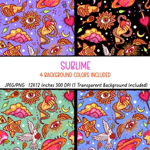 Sublime Psychedelic Seamless Pattern | Hand Drawn Boho Cosmic Design | 4 Color Variations Transparent PNG | Maximalist Print for Fabric, POD