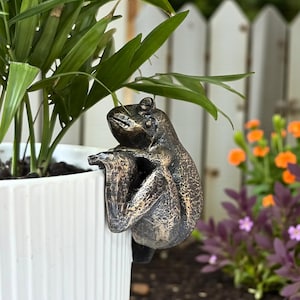 Könnte beinhalten: Bronze-farbene Froschfigur, die am Rand eines weißen Pflanzgefäßes sitzt. Der Frosch hat eine strukturierte Haut und scheint sich am Pflanzgefäß festzuhalten. Grüne Pflanzenblätter sind sichtbar, ebenso wie ein weißer Zaun und orangefarbene Blumen im Hintergrund.