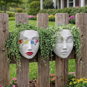 Peut inclure: Deux jardinières grises en forme de visage avec les yeux fermés et des lèvres rouges sont accrochées à une clôture en bois. L'une a des accents de fleurs colorées sur les yeux. Des plantes vertes retombantes jaillissent du haut de chaque jardinière.