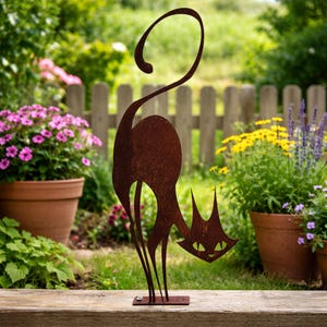 Iron Farmhouse Cat Garden Ornament – Rustic Fence Topper Decor