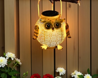 ソーラーフクロウランタン - 素朴なアルミ製ガーデンデコレーション、吊り下げ式LEDライト