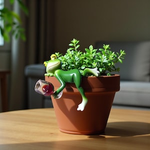 Puede incluir: Una maceta de color terracota llena de plantas verdes. Una figura de rana verde con patas blancas y una corona amarilla está posada en la maceta, sosteniendo un vaso transparente con líquido rojo. La rana está diseñada para que parezca que se está relajando.