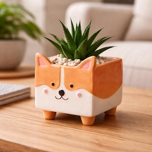 Suckulentkruka i keramik med tecknad Corgi – Lekfull heminredning